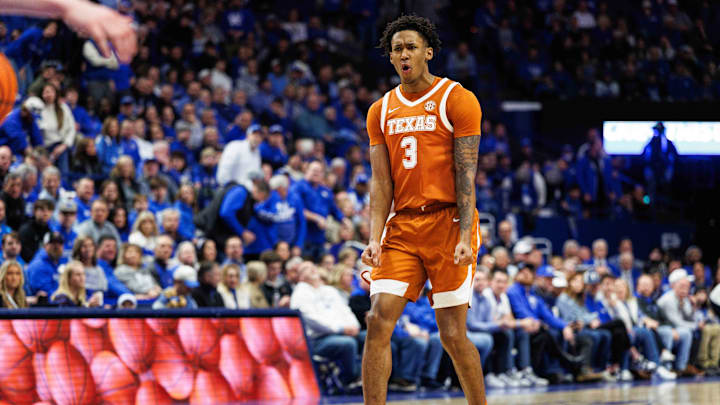 Jan 21, 2026; Lexington, Kentucky, USA; Texas Longhorns forward Dailyn Swain (3) celebrates after center Matas Vokietaitis scores a basket during the first half against the Kentucky Wildcats at Rupp Arena at Central Bank Center. Mandatory Credit: Jordan Prather-Imagn Images