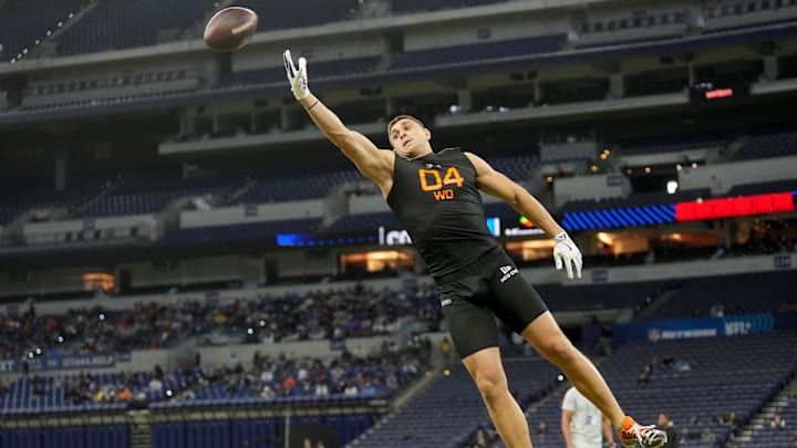 Mar 1, 2025; Indianapolis, IN, USA; TCU wideout Jack Bech during the 2025 NFL Combine at Lucas Oil Stadium. Mandatory Credit: Kirby Lee-Imagn Images