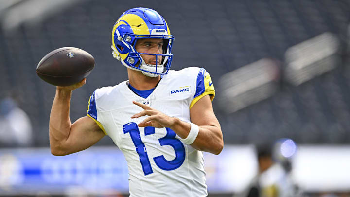 Aug 16, 2025; Inglewood, California, USA; Los Angeles Rams quarterback Stetson Bennett IV (13) throws a pass before the game against the Los Angeles Chargers at SoFi Stadium. Mandatory Credit: Jonathan Hui-Imagn Images Aug 16, 2025; Inglewood, California, USA; Los Angeles Rams quarterback Stetson Bennett IV (13) throws a pass before the game against the Los Angeles Chargers at SoFi Stadium. Mandatory Credit: Jonathan Hui-Imagn Images