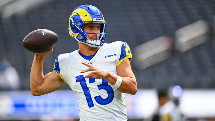 Aug 16, 2025; Inglewood, California, USA; Los Angeles Rams quarterback Stetson Bennett IV (13) throws a pass before the game against the Los Angeles Chargers at SoFi Stadium. Mandatory Credit: Jonathan Hui-Imagn Images