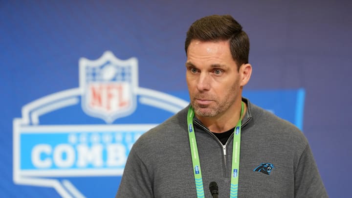 Carolina Panthers general manager Dan Morgan speaks at the NFL Scouting Combine 