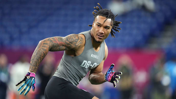 Mar 3, 2023; Indianapolis, IN, USA; Alabama defensive back Brian Branch (DB06) participates in