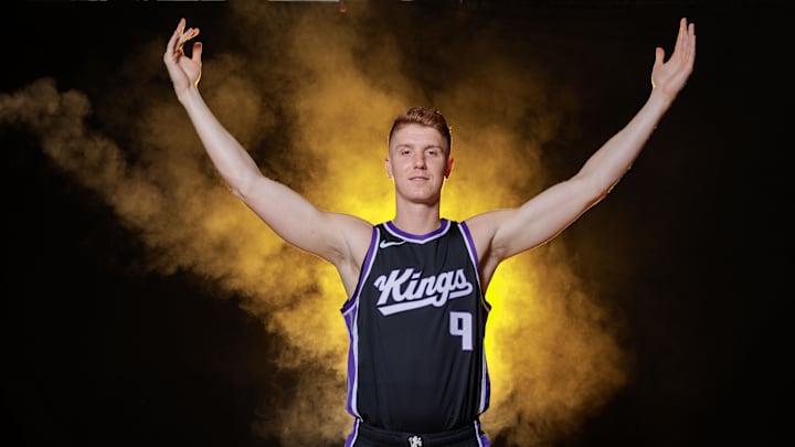 Sep 30, 2024; Sacramento, CA, USA; Sacramento Kings guard Kevin Huerter (9) during media day at Golden 1 Center. Mandatory Credit: Sergio Estrada-Imagn Images