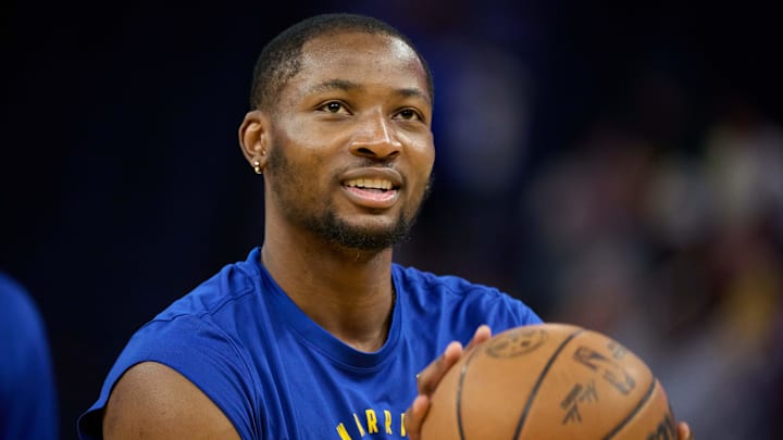 Apr 13, 2025; San Francisco, California, USA; Golden State Warriors forward Jonathan Kuminga (00) warms up before the game between the Golden State Warriors and the LA Clippers at Chase Center. Mandatory Credit: Robert Edwards-Imagn Images
