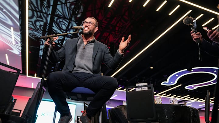 Former Colts quarterback Andrew Luck is interviewed Friday, April 12, 2024, during the Chuckstrong Tailgate Gala at the Colts Practice Facility in Indianapolis.