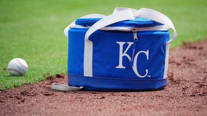 Jun 15, 2025; Kansas City, Missouri, USA; A general view of a Kansas City Royals ball bag prior to a game against the Athletics at Kauffman Stadium. Mandatory Credit: Denny Medley-Imagn Images