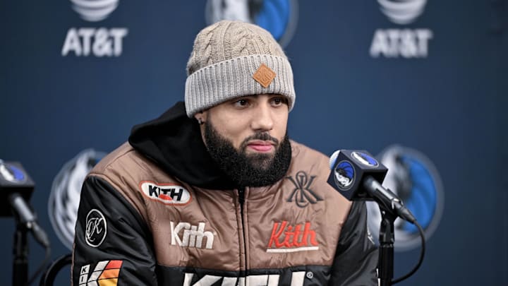 Feb 7, 2025; Dallas, TX, USA; Dallas Mavericks forward Caleb Martin speaks to the media during a press conference at the Dallas Mavericks practice facility. Mandatory Credit: Jerome Miron-Imagn Images
