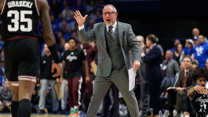 Jan 14, 2025; Lexington, Kentucky, USA; Texas A&M Aggies head coach Buzz Williams fives guard Manny Obaseki (35) during the first half against the Kentucky Wildcats at Rupp Arena at Central Bank Center. Mandatory Credit: Jordan Prather-Imagn Images