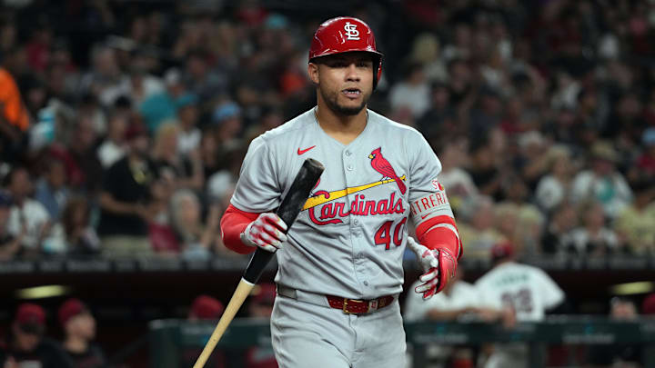 Jul 19, 2025; Phoenix, Arizona, USA; St. Louis Cardinals first base Willson Contreras (40) reacts after striking out against the Arizona Diamondbacks in the eighth inning at Chase Field. Mandatory Credit: Rick Scuteri-Imagn Images Jul 19, 2025; Phoenix, Arizona, USA; St. Louis Cardinals first base Willson Contreras (40) reacts after striking out against the Arizona Diamondbacks in the eighth inning at Chase Field. Mandatory Credit: Rick Scuteri-Imagn Images
