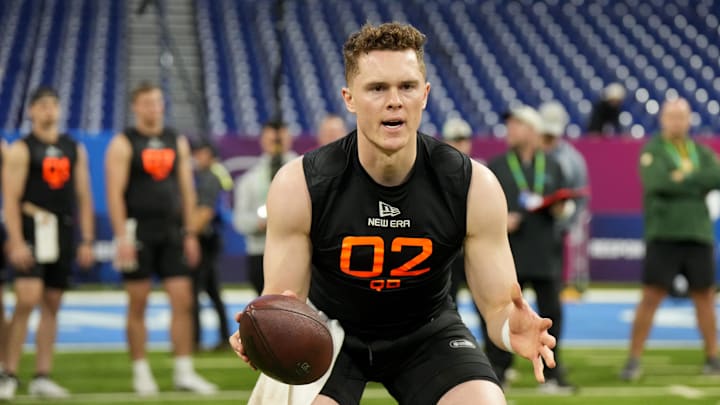 Mar 1, 2025; Indianapolis, IN, USA; Missouri quarterback Brady Cook (QB02) during the 2025 NFL Combine at Lucas Oil Stadium. Mandatory Credit: Kirby Lee-Imagn Images