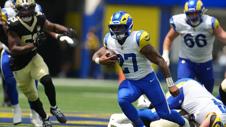 Aug 22, 2026; Inglewood, California, USA; Los Angeles Rams running back Jarquez Hunter (27) carries the ball against the New Orleans Saints in the first half at SoFi Stadium. Mandatory Credit: Kirby Lee-Imagn Images Aug 22, 2026; Inglewood, California, USA; Los Angeles Rams running back Jarquez Hunter (27) carries the ball against the New Orleans Saints in the first half at SoFi Stadium. Mandatory Credit: Kirby Lee-Imagn Images