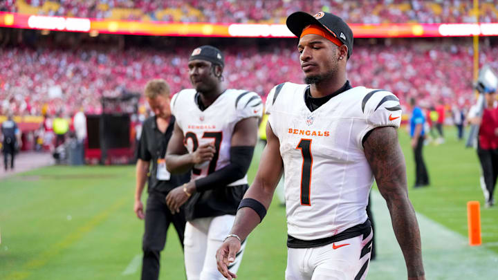 Cincinnati Bengals wide receiver Ja'Marr Chase (1) walks for the locker room after the fourth quarter of the NFL Week 2 game between the Kansas City Chiefs and the Cincinnati Bengals at Arrowhead Stadium in Kansas City on Sunday, Sept. 15, 2024. The Chiefs took a 26-25 win with a go-ahead field goal as time expired. Cincinnati Bengals wide receiver Ja'Marr Chase (1) walks for the locker room after the fourth quarter of the NFL Week 2 game between the Kansas City Chiefs and the Cincinnati Bengals at Arrowhead Stadium in Kansas City on Sunday, Sept. 15, 2024. The Chiefs took a 26-25 win with a go-ahead field goal as time expired.