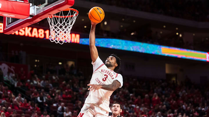 Nov 27, 2024; Lincoln, Nebraska, USA; Nebraska Cornhuskers guard Brice Williams (3) shoots the ball against the South Dakota Coyotes during the first half at Pinnacle Bank Arena. Mandatory Credit: Dylan Widger-Imagn Images