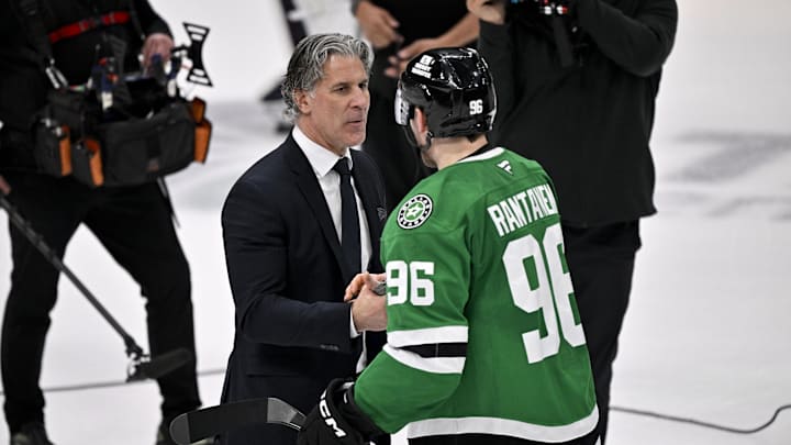 May 3, 2025; Dallas, Texas, USA; Colorado Avalanche head coach Jared Bednar and Dallas Stars right wing Mikko Rantanen (96) after the game between the Dallas Stars and the Colorado Avalanche in game seven of the first round of the 2025 Stanley Cup Playoffs at American Airlines Center. Mandatory Credit: Jerome Miron-Imagn Images