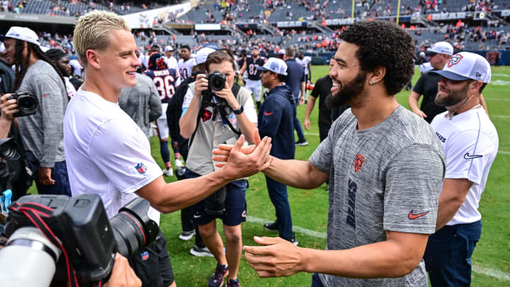 Joe Burrow greets Caleb Williams after Saturday's preseason game at Soldier Field, the last game action for the Bears QB until regular season. Joe Burrow greets Caleb Williams after Saturday's preseason game at Soldier Field, the last game action for the Bears QB until regular season.