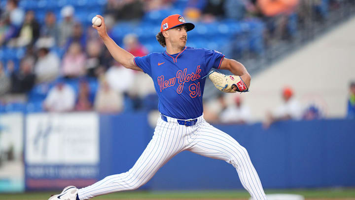 Mar 6, 2025; Port St. Lucie, Florida, USA;  New York Mets pitcher Brandon Sproat (91) pitches against the Houston Astros at Clover Park. Mandatory Credit: Jim Rassol-Imagn Images