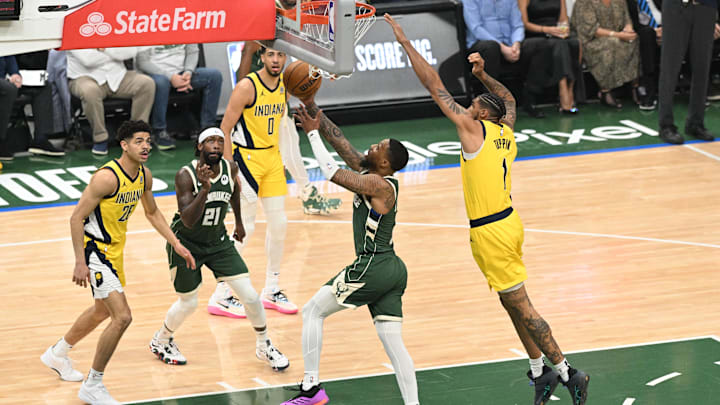 Apr 23, 2024; Milwaukee, Wisconsin, USA;Milwaukee Bucks guard Damian Lillard (0) drives to the