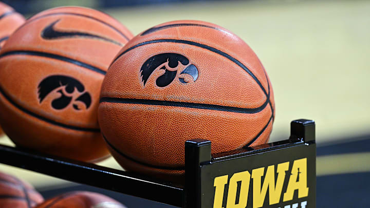 Mar 6, 2025; Iowa City, Iowa, USA; Basketballs before a game between the Iowa Hawkeyes and the Michigan State Spartans at Carver-Hawkeye Arena. Mandatory Credit: Jeffrey Becker-Imagn Images