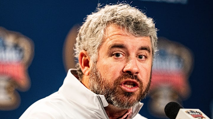 Ole Miss head coach Pete Golding takes questions from the press during the Sugar Bowl and College Football Playoff quarterfinals Media Day at Sheraton New Orleans Hotel in New Orleans, La., on Tuesday, Dec. 30, 2025. Players and coaches from Ole Miss and Georgia took questions from the press. Ole Miss head coach Pete Golding takes questions from the press during the Sugar Bowl and College Football Playoff quarterfinals Media Day at Sheraton New Orleans Hotel in New Orleans, La., on Tuesday, Dec. 30, 2025. Players and coaches from Ole Miss and Georgia took questions from the press.
