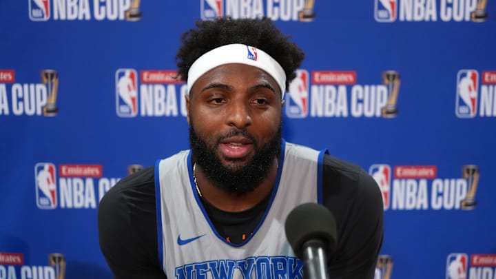 Dec 15, 2025; Las Vegas, NV, USA; New York Knicks center/forward Mitchell Robinson (23) at press conference prior to the Emirates NBA Cup championship at the T-Mobile Arena. Mandatory Credit: Kirby Lee-Imagn Images