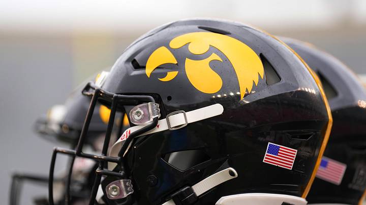 Oct 14, 2023; Madison, Wisconsin, USA;  General view of Iowa Hawkeyes helmets prior to the game against the Wisconsin Badgers at Camp Randall Stadium. Mandatory Credit: Jeff Hanisch-Imagn Images