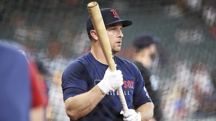 Aug 11, 2025; Houston, Texas, USA; Boston Red Sox third baseman Alex Bregman (2) stands in the batting cage before the game against the Houston Astros at Daikin Park. Mandatory Credit: Troy Taormina-Imagn Images