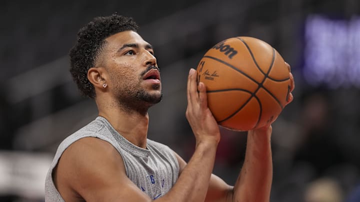 Mar 10, 2025; Atlanta, Georgia, USA; Philadelphia 76ers guard Quentin Grimes (5) on the court prior to the game against the Atlanta Hawks at State Farm Arena. Mandatory Credit: Dale Zanine-Imagn Images