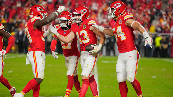Oct 27, 2025; Kansas City, Missouri, USA; Kansas City Chiefs linebacker Jack Cochrane (43) celebrates after an interception against the Washington Commanders during the fourth quarter of the game at GEHA Field at Arrowhead Stadium. Mandatory Credit: Jay Biggerstaff-Imagn Images