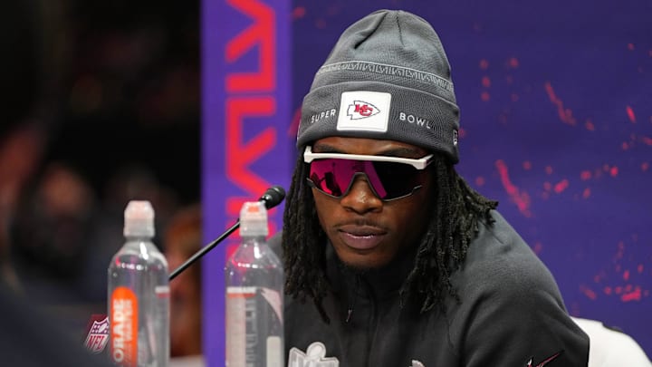 Feb 5, 2024; Las Vegas, NV, USA; Kansas City Chiefs wide receiver Rashee Rice (4) talks to the media during Super Bowl LVIII Opening Night at Allegiant Stadium. Mandatory Credit: Lucas Peltier-Imagn Images