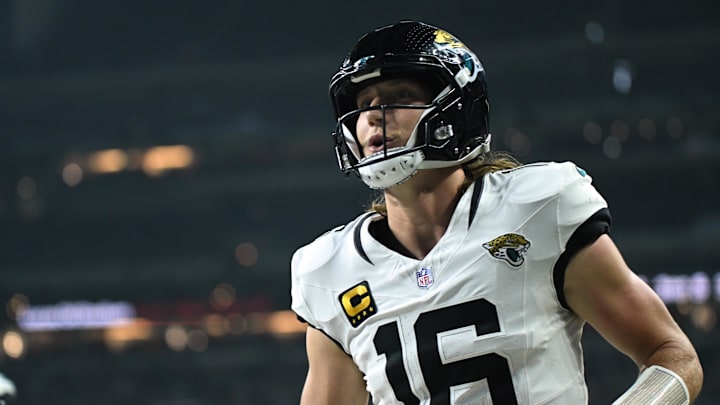 Dec 28, 2025; Indianapolis, Indiana, USA; Jacksonville Jaguars quarterback Trevor Lawrence (16) celebrates after a touchdown against the Indianapolis Colts during the first half at Lucas Oil Stadium. Mandatory Credit: Robert Goddin-Imagn Images Dec 28, 2025; Indianapolis, Indiana, USA; Jacksonville Jaguars quarterback Trevor Lawrence (16) celebrates after a touchdown against the Indianapolis Colts during the first half at Lucas Oil Stadium. Mandatory Credit: Robert Goddin-Imagn Images
