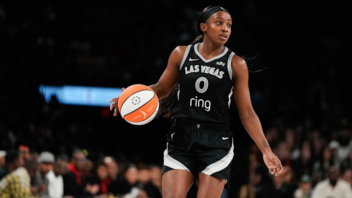 Oct 5, 2025; Las Vegas, Nevada, USA; Las Vegas Aces guard Jackie Young (0) dribbles the ball during the third quarter of game two of the 2025 WNBA Finals against the Phoenix Mercury at Michelob Ultra Arena. Mandatory Credit: Lucas Peltier-Imagn Images
