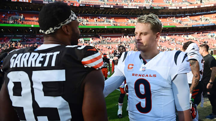 Oct 20, 2024; Cleveland, Ohio, USA; Cincinnati Bengals quarterback Joe Burrow (9) and Cleveland Browns defensive end Myles Garrett (95) talk after the game at Huntington Bank Field. Mandatory Credit: Ken Blaze-Imagn Images Oct 20, 2024; Cleveland, Ohio, USA; Cincinnati Bengals quarterback Joe Burrow (9) and Cleveland Browns defensive end Myles Garrett (95) talk after the game at Huntington Bank Field. Mandatory Credit: Ken Blaze-Imagn Images