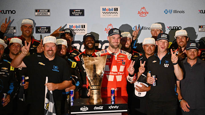 Jul 6, 2025; Chicago, Illinois, USA; NASCAR Cup Series driver Shane van Gisbergen (88) after winning the Grant Park 165 at Chicago Street Race.
