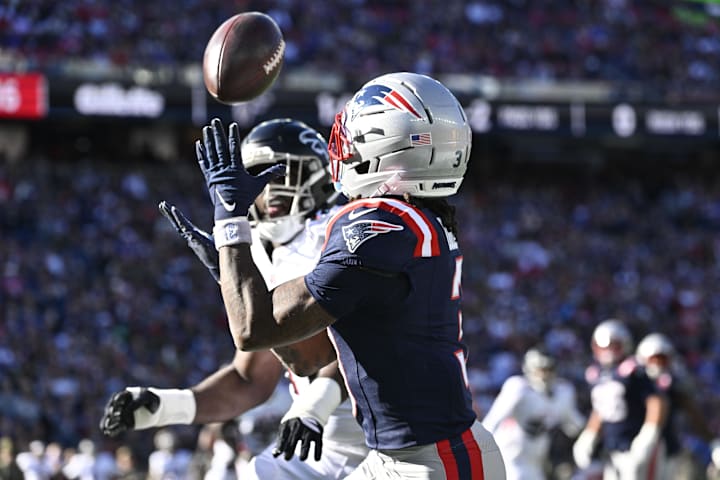 Nov 2, 2025; Foxborough, Massachusetts, USA; New England Patriots wide receiver DeMario Douglas (3) makes a catch for a touch