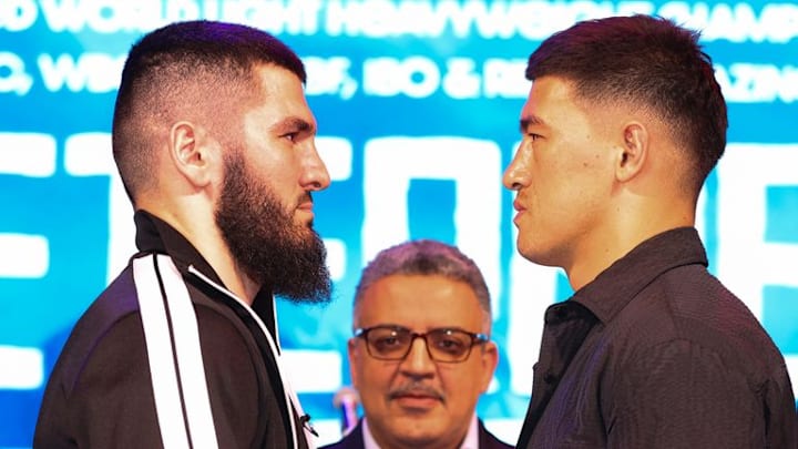 Dmitry Bivol and Artur Beterbiev face each other at a weigh-in Dmitry Bivol and Artur Beterbiev face each other at a weigh-in