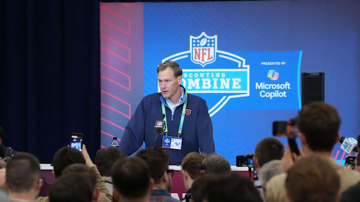 Feb 24, 2026; Indianapolis, IN, USA; Chicago Bears coach Ben Johnson speaks at the NFL Scouting Combine at the Indiana Convention Center. Mandatory Credit: Kirby Lee-Imagn Images