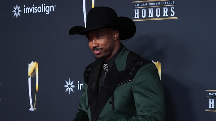Myles Garrett poses on the NFL Honors Red Carpet before Super Bowl LX at Palace of Fine Arts. Myles Garrett poses on the NFL Honors Red Carpet before Super Bowl LX at Palace of Fine Arts.
