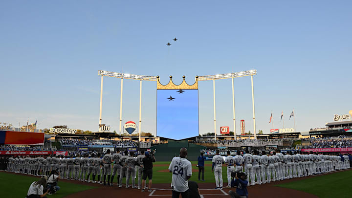 Oct 9, 2024; Kansas City, Missouri, USA; General view off the fly over before the game between the New York Yankees and the Kansas City Royals during game three of the ALDS for the 2024 MLB Playoffs at Kauffman Stadium. Mandatory Credit: Peter Aiken-Imagn Images