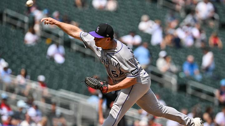 Jun 28, 2026; Minneapolis, Minnesota, USA; Colorado Rockies pitcher Seth Halvorsen (54) throws a pitch against the Minnesota Twins during the seventh inning at Target Field. Mandatory Credit: Jeffrey Becker-Imagn Images