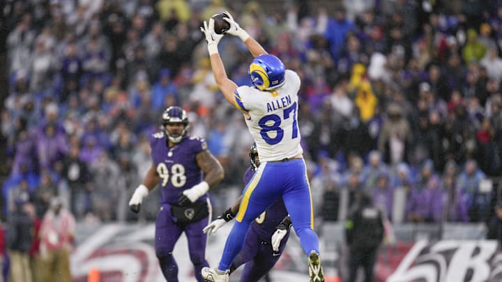Dec 10, 2023; Baltimore, Maryland, USA;  Los Angeles Rams tight end Davis Allen (87) makes a catch against the Baltimore Ravens during the fourth quarter at M&T Bank Stadium. Mandatory Credit: Jessica Rapfogel-Imagn Images