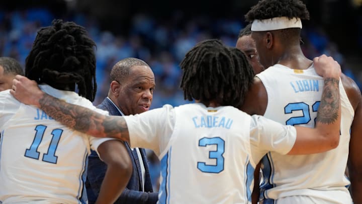 North Carolina coach Hubert Davis talks to the team during a recent game. They finish the regular season against Duke.