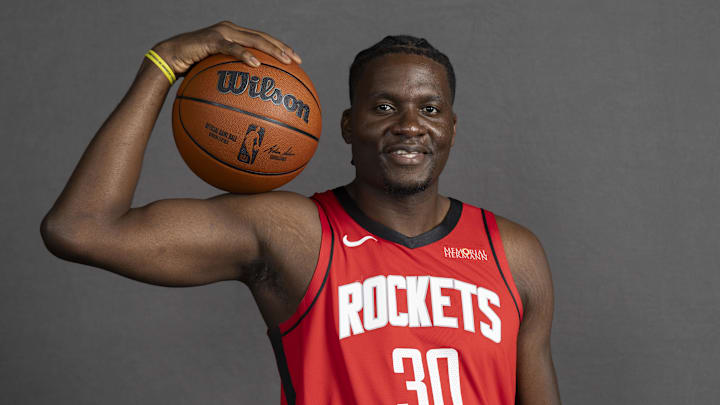 Sep 29, 2025; Houston, TX, USA;  Houston Rockets center Clint Capela (30) poses for a picture during Houston Rockets media day at Toyota Center. Mandatory Credit: Troy Taormina-Imagn Images