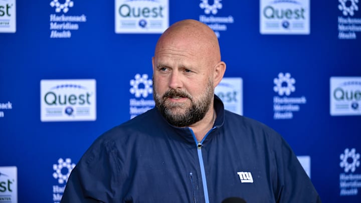 May 10, 2025; East Rutherford, NJ, USA; New York Giants head coach Brian Daboll speaks during a press conference before rookie minicamp at Quest Diagnostics Training Center. 