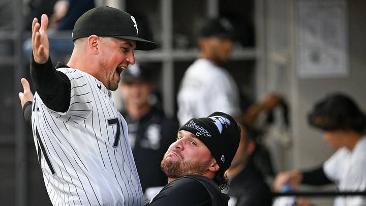 Sep 26, 2026; Chicago, Illinois, USA; Chicago White Sox third base/infield coach Justin Jirschele (71) is lifted up by pitcher Mike Vasil before the game between the Chicago White Sox and the Colorado Rockies at Rate Field. Mandatory Credit: Matt Marton-Imagn Images Sep 26, 2026; Chicago, Illinois, USA; Chicago White Sox third base/infield coach Justin Jirschele (71) is lifted up by pitcher Mike Vasil before the game between the Chicago White Sox and the Colorado Rockies at Rate Field. Mandatory Credit: Matt Marton-Imagn Images