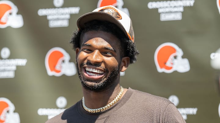 May 10, 2025; Berea, OH, USA; Cleveland Browns quarterback Shedeur Sanders (12) talks to the media during rookie minicamp at CrossCountry Mortgage Campus. Mandatory Credit: Ken Blaze-Imagn Images