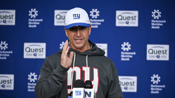 May 9, 2026; East Rutherford, NJ, USA; New York Giants head coach John Harbaugh speaks during a press conference at rookie minicamp at Quest Diagnostics Training Center.  