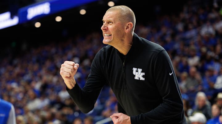 Oct 23, 2024; Lexington, KY, USA; Kentucky Wildcats head coach Mark Pope celebrates during the first half against the Kentucky Wesleyan Panthers at Rupp Arena at Central Bank Center. Mandatory Credit: Jordan Prather-Imagn Images
