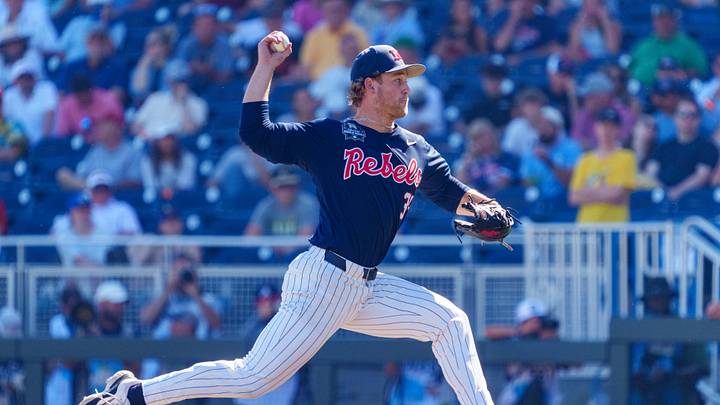 Jun 14, 2026; Omaha, NE, USA; Mississippi Rebels pitcher Landon Waters (34) pitches against the Troy Trojans during the ninth inning at Charles Schwab Field. Mandatory Credit: Dylan Widger-Imagn Images Jun 14, 2026; Omaha, NE, USA; Mississippi Rebels pitcher Landon Waters (34) pitches against the Troy Trojans during the ninth inning at Charles Schwab Field. Mandatory Credit: Dylan Widger-Imagn Images
