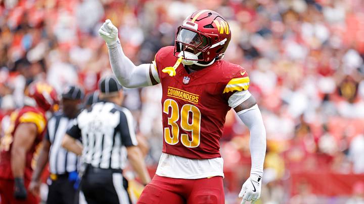 Sep 21, 2025; Landover, Maryland, USA; Washington Commanders safety Jeremy Reaves (39) reacts after a play during the second half against the Las Vegas Raiders at Northwest Stadium. Mandatory Credit: Amber Searls-Imagn Images