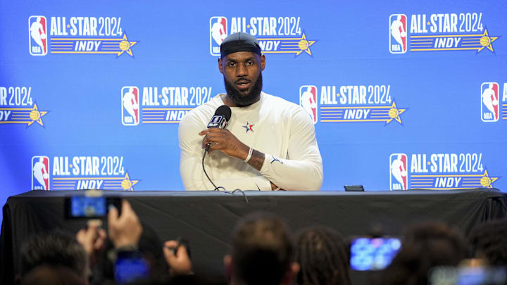 Feb 18, 2024; Indianapolis, Indiana, USA; Western Conference forward LeBron James (23) of the Los Angeles Lakers talks to media before the 73rd NBA All Star game at Gainbridge Fieldhouse. Mandatory Credit: Grace Hollars-Imagn Images Feb 18, 2024; Indianapolis, Indiana, USA; Western Conference forward LeBron James (23) of the Los Angeles Lakers talks to media before the 73rd NBA All Star game at Gainbridge Fieldhouse. Mandatory Credit: Grace Hollars-Imagn Images